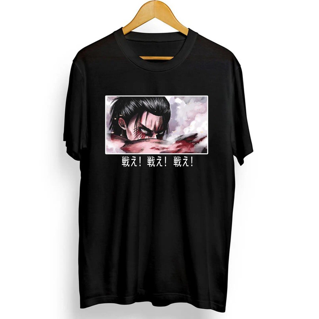 Baju T-Shirt Anime Attack on Titan Eren Yeager Unisex Hitam-Putih