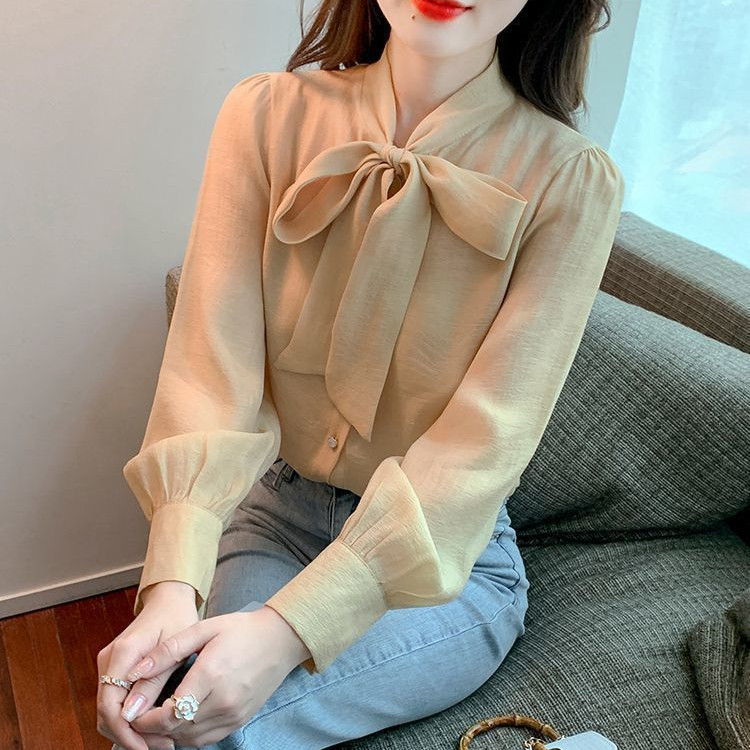 D0801-High-End Feeling Bow Lace-Upเสื้อAll-Match Westernสไตล์เสื้อสีทึบCommuterเวอร์ชั่นเกาหลีแฟชั่น