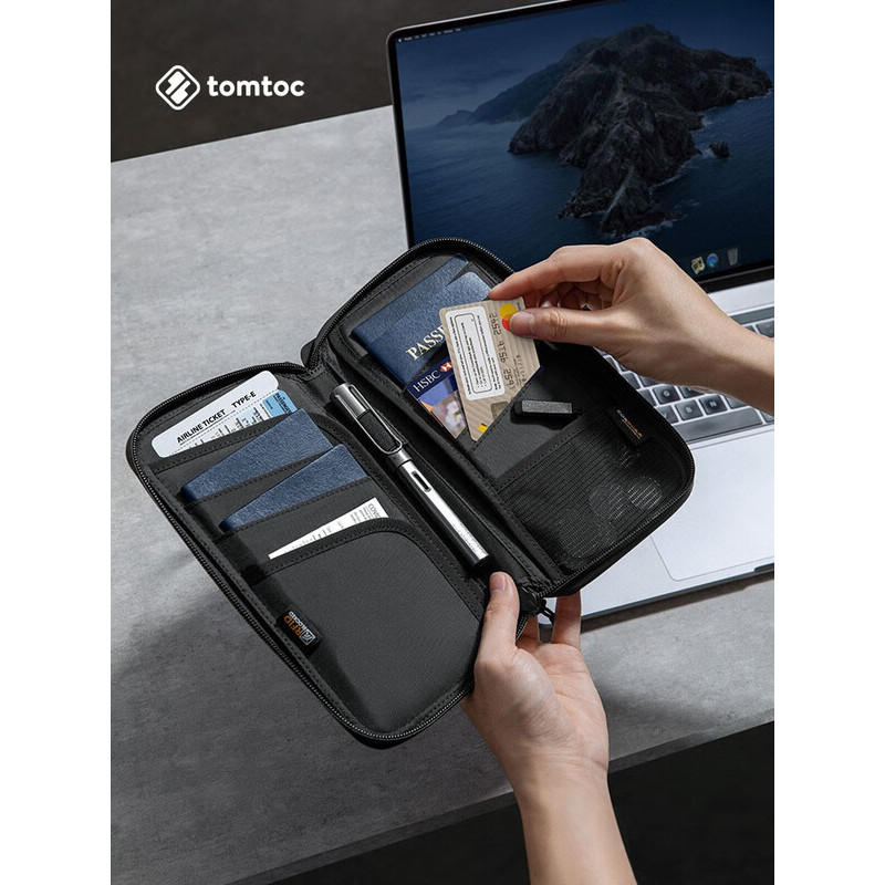 Tomtoc ผู้ถือหนังสือเดินทาง ครอบครัวที่มีการปิดกั้น RFID, กระเป๋าสตางค์หนังสือเดินทางผู้หญิงผู้ชาย,พ