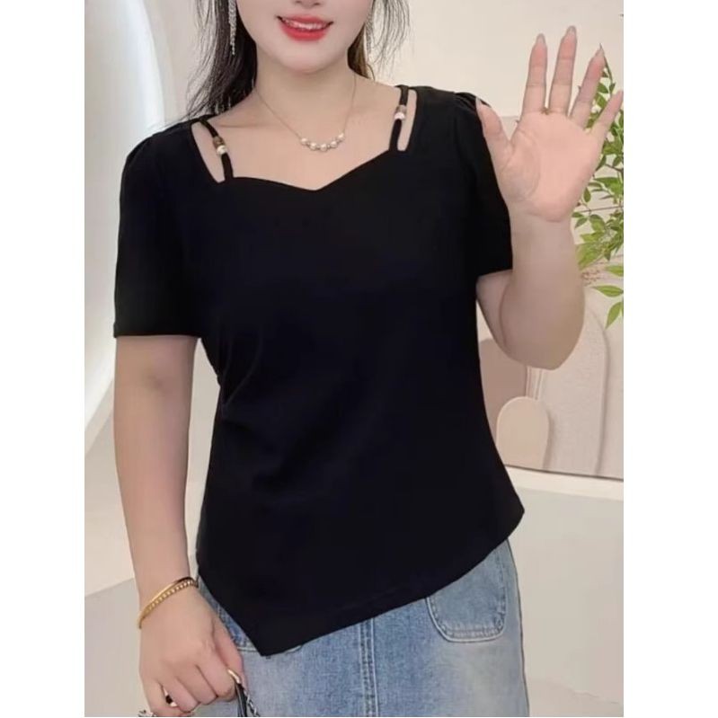 Laiya 1 x 1 Casual Cut เสื้อยืดแขนสั้นคอเหลี่ยมไม่สม่ําเสมอ 2025 ฤดูร้อนเอวแคบไม่ซ้ําใคร Good-Lookin