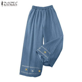 ZANZEA ผู้หญิงเกาหลี Retro Leisure เอวสูงEmbroider พิมพ์กางเ…