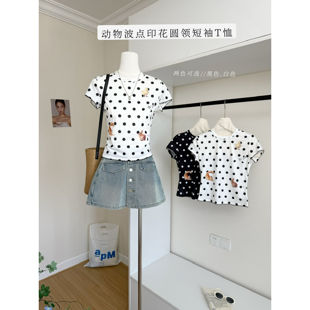 เสื้อยืดคอกลมแขนสั้น พิมพ์ลายจุด ใส่สบาย เหมาะสำหรับฤดูร้อนและสวมใส่ในชีวิตประจำวัน