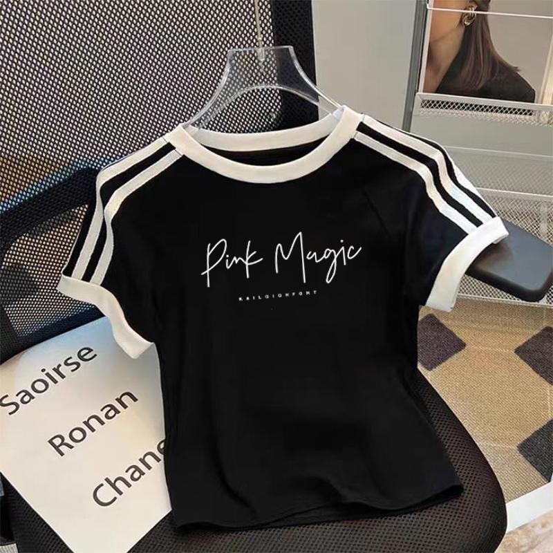 ฤดูร้อนใหม่เสื้อยืดฟอกคอกลมเสื้อเชิ้ตแขนสั้นลายทางขาวดำ พิมพ์ยอดนิยม ทรงสลิมฟิต แสดงผอม สาวอ้วนสวมใส่ แฟชั่นผู้หญิง - รูปที่ 5