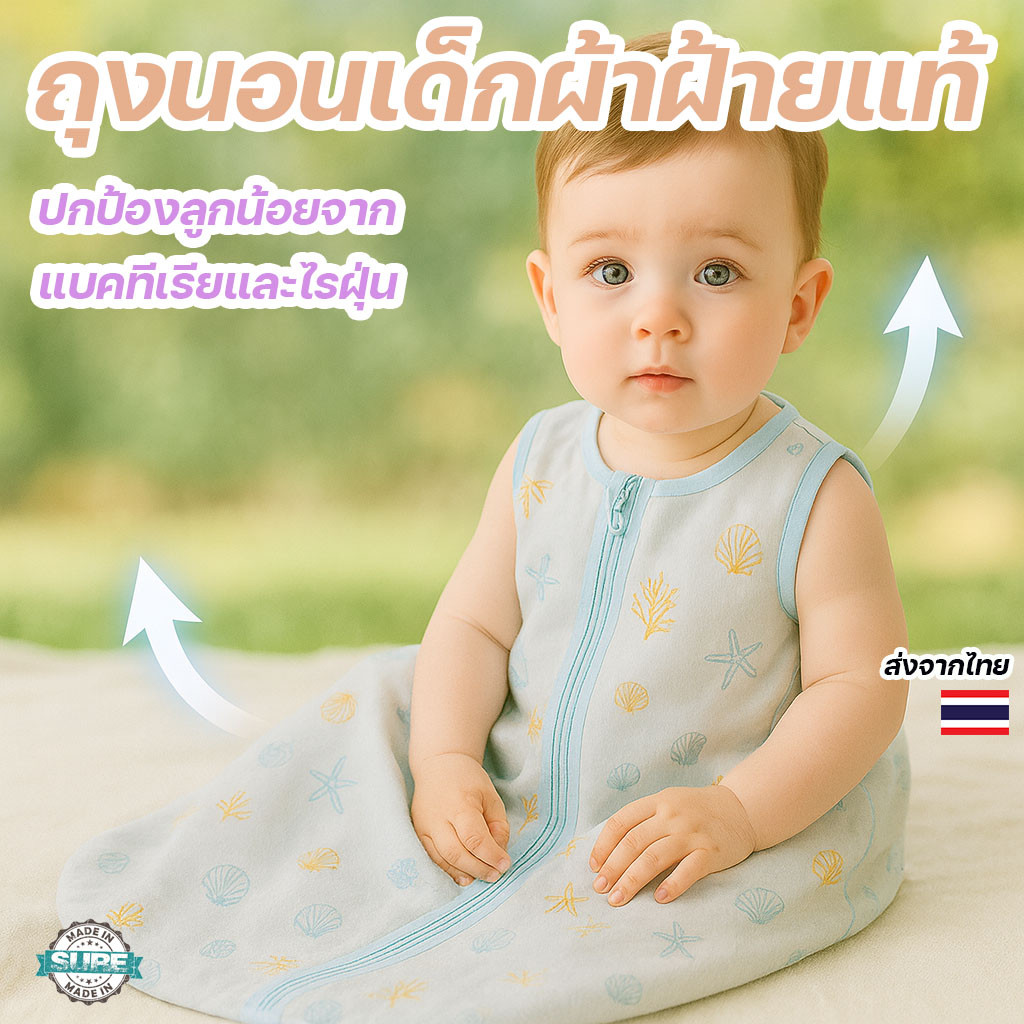 ถุงนอนเด็กระบายอากาศดี แขนกุด ผ้าฝ้ายแท้ ซิปหน้า ถอดง่าย ใส่สบาย ไม่อับชื้น ใส่ได้ทั้งกลางวัน-กลางคืน