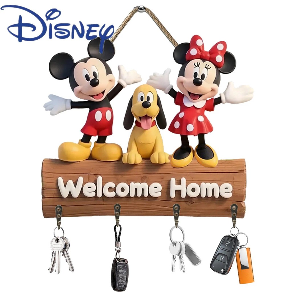 Disney Anime Mickey Minnie ตะขอกุญแจไม้การ์ตูน Mickey Mouse ยินดีต้อนรับ Home Key Hook ตกแต่งตกแต่งบ้านของขวัญ