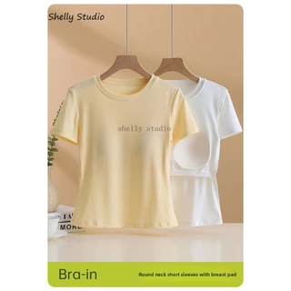 เสื้อยืดแขนสั้นสีเหลืองสำหรับฤดูร้อน คอกลมเปิดไหล่ด้านหน้าแบบใหม่ ทำจากผ้าฝ้ายแท้และมีทรงกระชับ