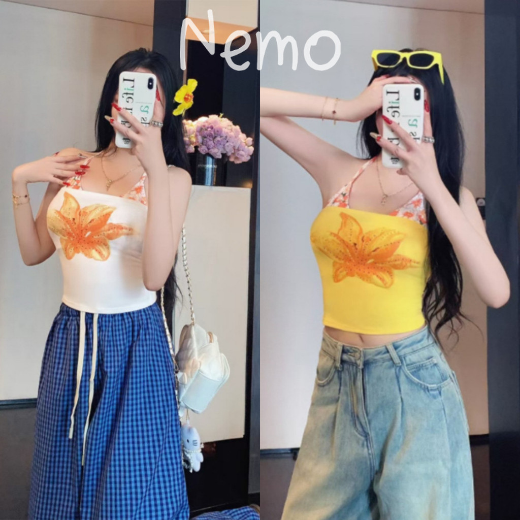 Nemo store🌸#FY5559 เสื้อเกาะอก+บราคล้อง สีสดใน ลายดอกไม้ มีฟองน้ำในตัวยืดพอดีมินิมอลสไตล์ เสื้อท่อนบนผู้หญิง