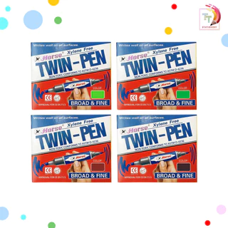 HORSE (ตราม้า) ปากกาเคมี 2 หัว มาร์คเกอร์ Twin-Pen Marker กันน้ำ เติมหมึกได้ ลบไม่ออก (12 ด้าม / กล่อง)