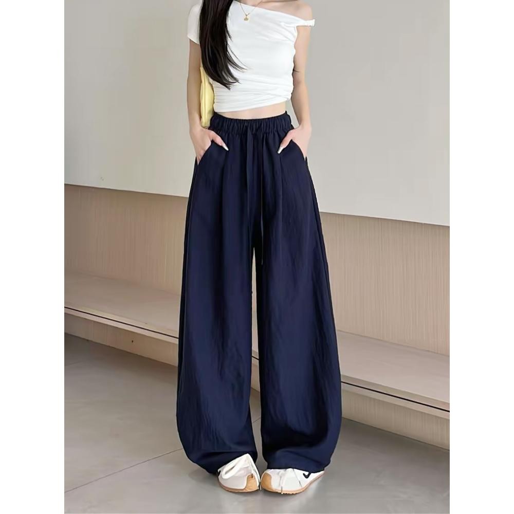 Moses Queen กางเกงขากว้างเอวสูงDrop-Downสีกรมท่าหลวมและสูงถนนรายวัน/leisure Comm