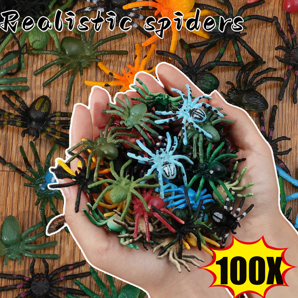 100ชิ้นที่สมจริงพลาสติกฮาโลวีนแมงมุมตกแต่ง,อุปกรณ์ประกอบฉากแมงมุมปลอมสําหรับงานปาร์ตี้บ้านผีสิง,จอแสดงผลหน้าต่างและบ้านตกแต่งที่น่ากลัว