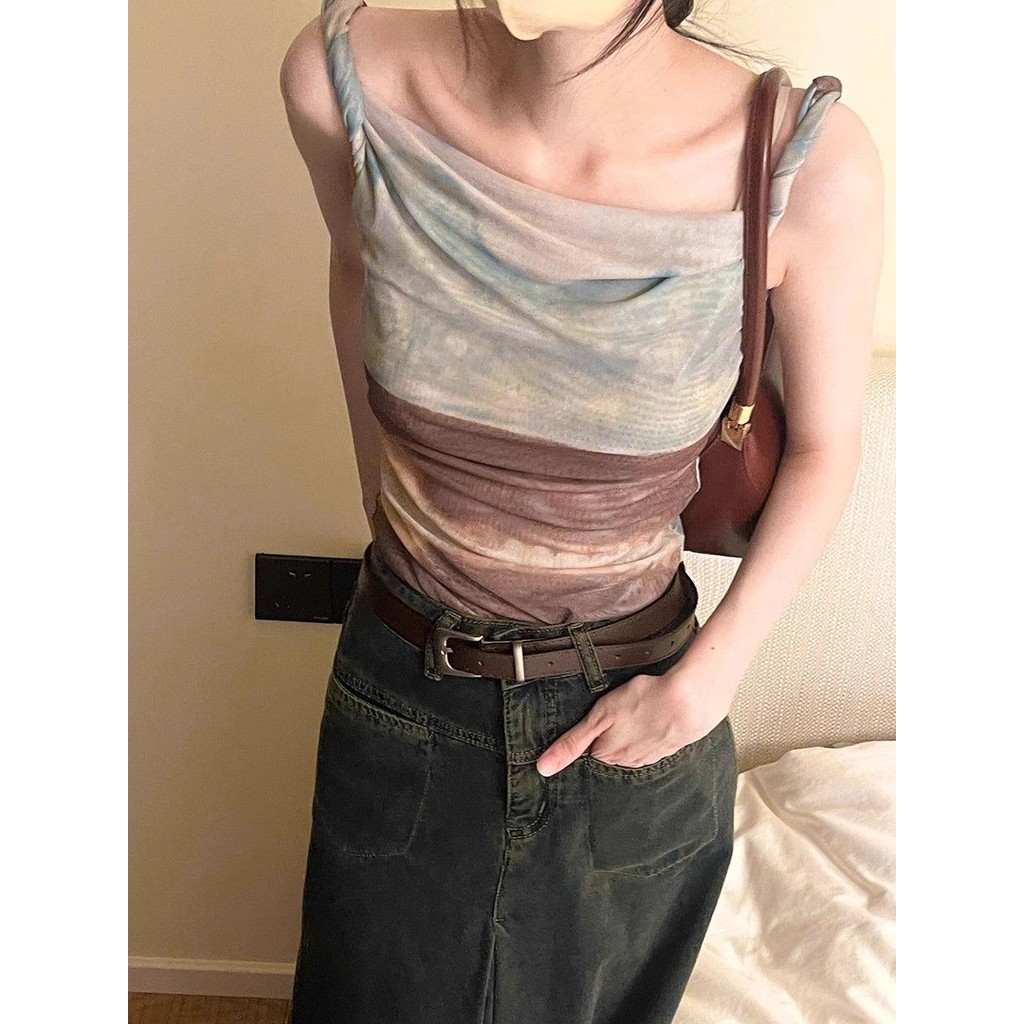 [U+] Monets Painting Exhibition Smudge Abstract Oil Painting Series Gauze Irregular Vest Off-the @