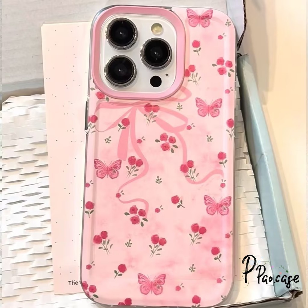 สีชมพูผีเสื้อเต็มหน้าจอกุหลาบใช้ได้กับ IPhone 13 15 7Plus 11 14 XS Max Pro Max X 14 7 8 XR 15 Plus ฝาครอบโทรศัพท์หวาน