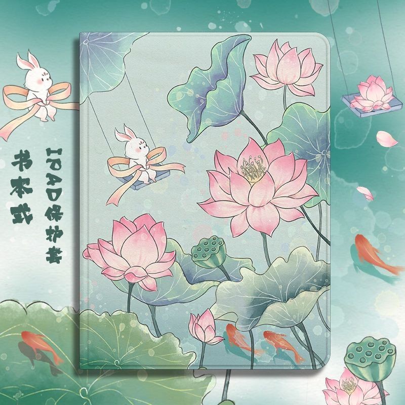 เคสป้องกัน iPad 10th Generation Air4 Air5 Air6 10.5 นิ้ว Lotus Peony Peach Blossoms พร้อมช่องเสียบปากกา Gen7/8/9 วัสดุผ้าไหม Mini4 5 ฝาครอบ Anti Drop กรณีแท็บเล็ต