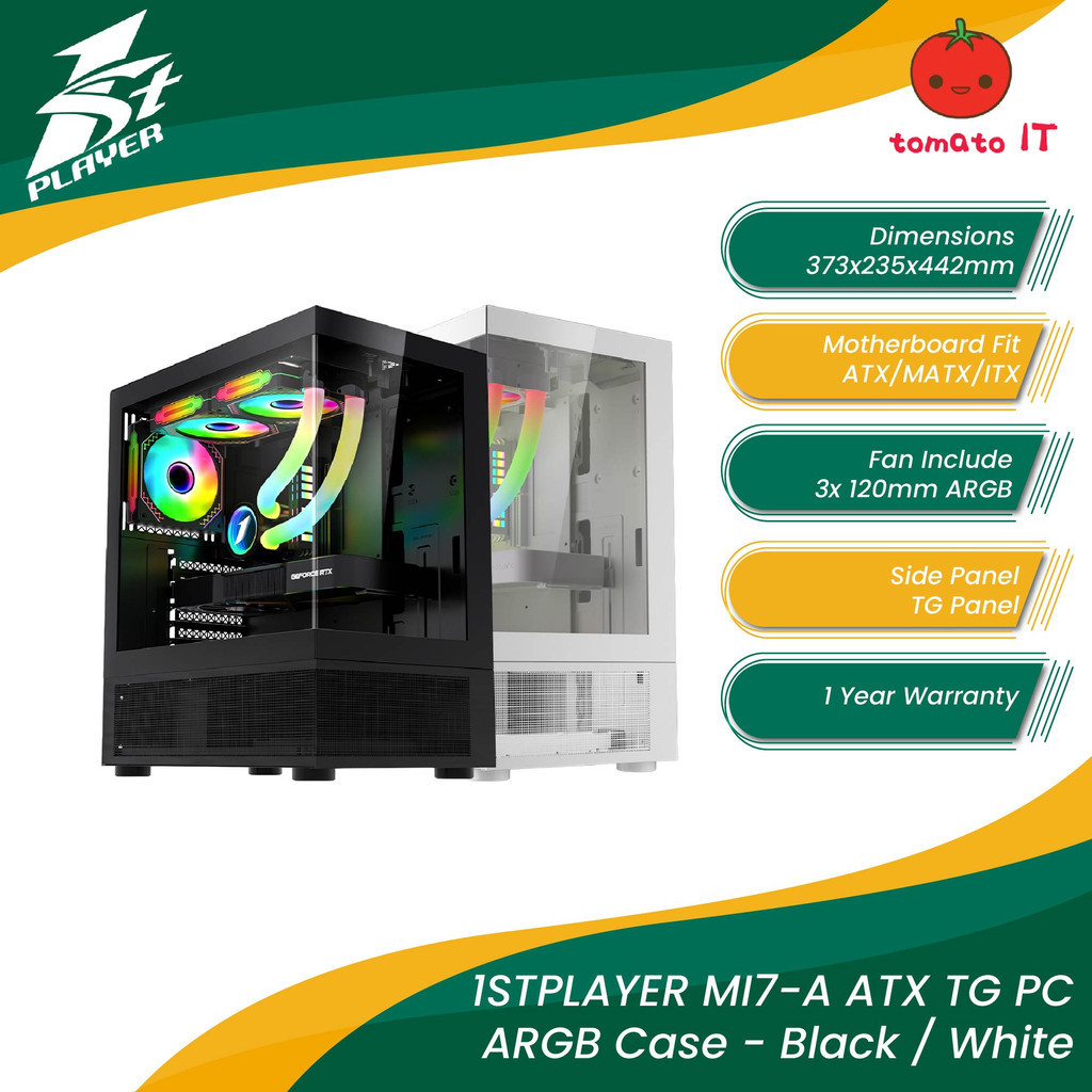 1STPLAYER MI7-A ATX TG 3x 120 มม. ARGB Fans PC Case - สีดําสีขาว
