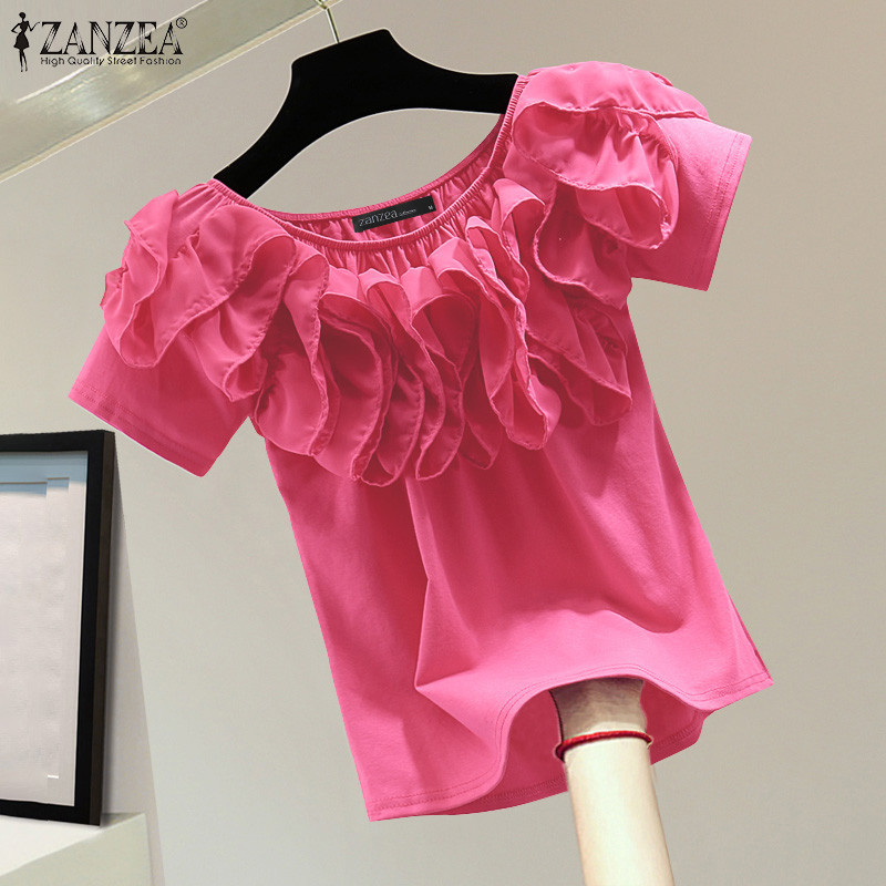 Zanzea เสื้อเบลาส์คอกลมแขนสั้นลําลองเกาหลีสําหรับผู้หญิง