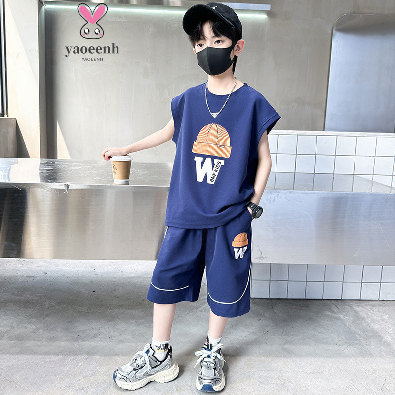 【YAOEENH】120-170 ซม.ชายแขนกุดเสื้อผ้าฤดูร้อนขนาดกลางขนาดใหญ่เด็กบางสบายๆกีฬาแขนสั้นชุดสองชิ้นพร้อมสต็อกจัดส่งที่รวดเร็ว