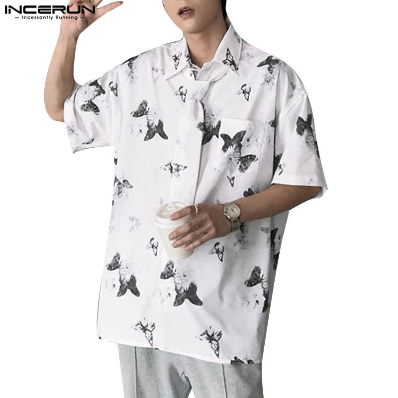 ไม่แน่นอน ผู้ชายเกาหลีลําลองพิมพ์ผูกแขนสั้นออกแบบเสื้อหลวม