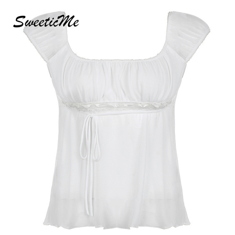 Sweeticme Womens 2024 แฟชั่นใหม่คอสี่เหลี่ยมสลิมฟิตซอกเอว Lacing Mesh Tops