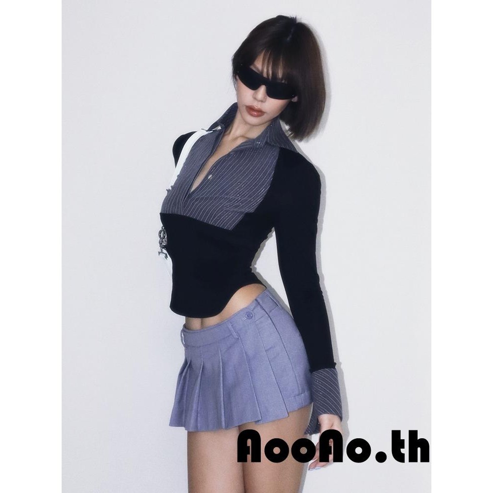 Aooao-เสื้อผู้หญิงแขนยาวปุ่มปกสีตัดกันเสื้อยืดสลิมฟิต