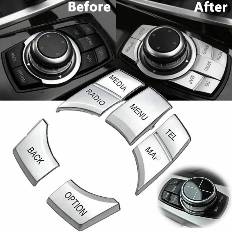 5 ชิ้นเงิน Multi-function Media ปุ่มสติกเกอร์สัญลักษณ์ตกแต่งสําหรับ BMW 3 4 5 6 X5 X6 Z4 i3 iDrive F