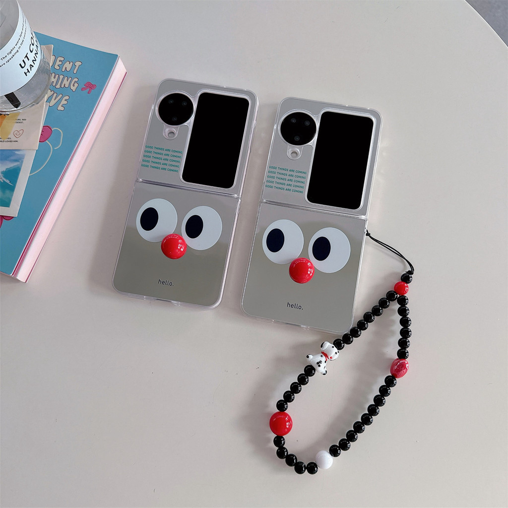 Oppo Find N2 flip แฟชั่นกระจกกรณีน่ารักการ์ตูนจมูกสีแดงพร้อมโซ่สําหรับ OPPO Find N3 พลิกแคระพับเคสโทรศัพท์แข็งกันกระแทกโทรศัพท์ความคิดสร้างสรรค์กรณีปก