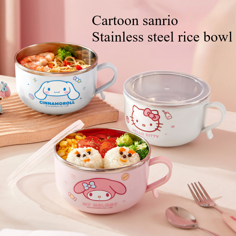 SANRIO การ์ตูน ซานริโอ ซินนามอนโรล ทํานอง ชามข้าวสแตนเลสพร้อมฝาปิดฉนวนและทนความร้อนบ้าน ลาเมี้ยน ชามก๋วยเตี๋ยวหอพักมัลติฟังก์ชั่ชามบะหมี่กึ่งสํา