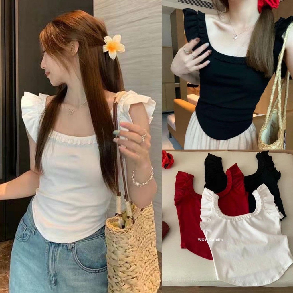 🧵 🇰🇷 เสื้อยืดแขนกุด แต่งแขนระบาย จับจีบช่วงเอว ทรงใหม่ ทรงสวย ทรงเกาหลี ทรงน่ารัก แฟชั่นเกาหลี TAG WG.WE 🧵