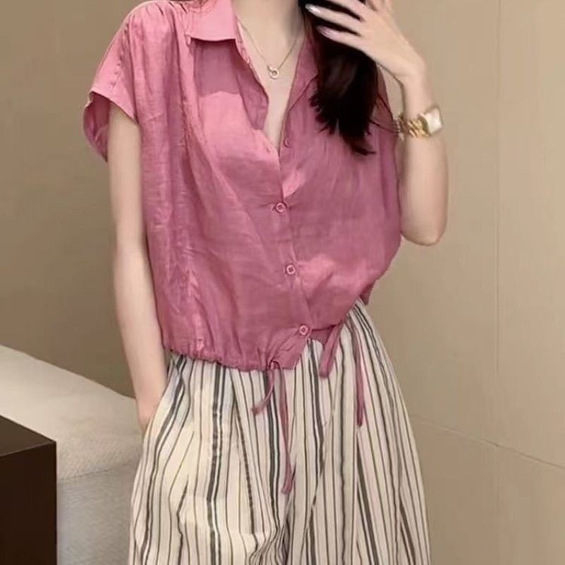 Crush เสื้อเชิ้ต แขนสั้น สีทึบ ผ้านุ่ม แฟชั่นเวอร์ชั่นเกาหลี