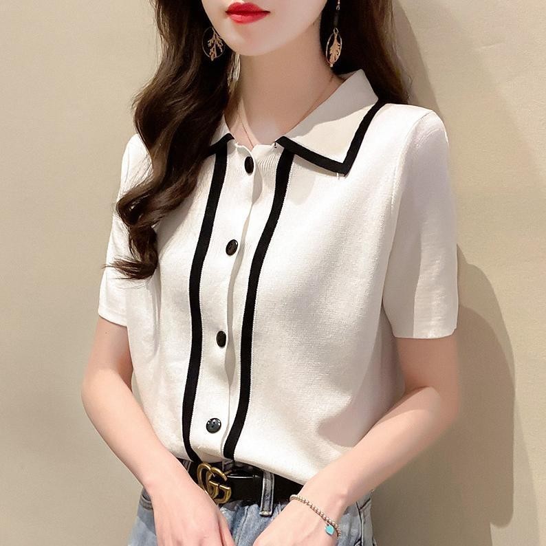 ฤดูร้อนสไตล์ใหม่คอปกโปโลผ้าไหมน้ําแข็งถักแขนสั้นเสื้อยืดผู้หญิงผ้าไหมเย็นแฟชั่น สูงสุด