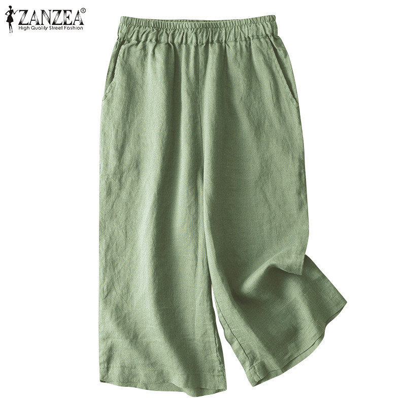 ZANZEA ใส่ ซานเซีย ผู้หญิงเกาหลีสบายๆสีทึบกลางเอวยืดหยุ่นเข็มขัดกางเกง