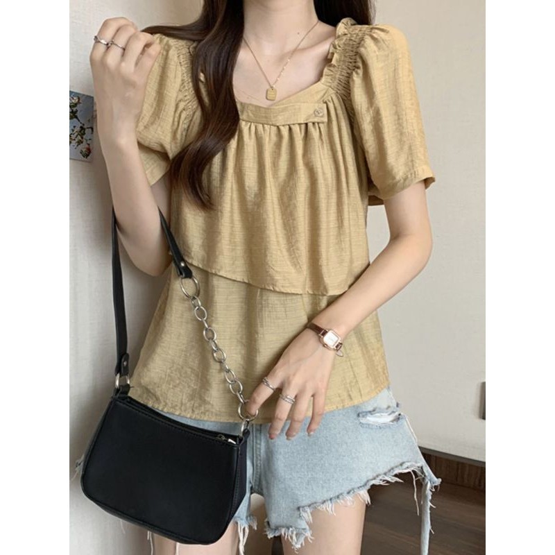 Bee สไตล์เกาหลีใหม่คอสี่เหลี่ยมเสื้อด้านบน(จัดส่ง 24 ชั่วโมง)
