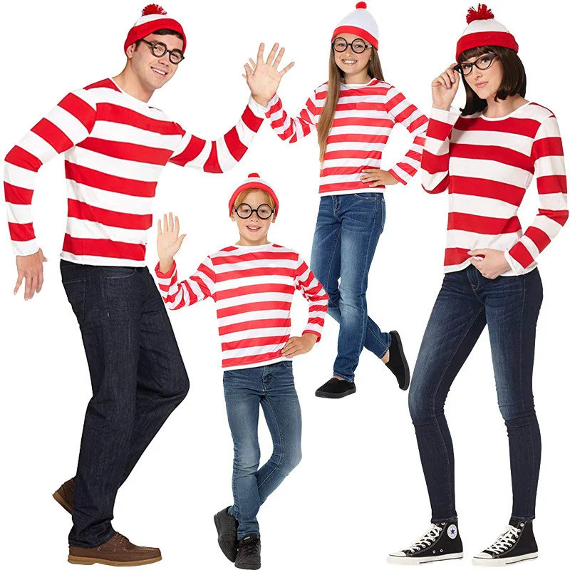 S-XXL การ์ตูนพ่อแม่ลูก Wally Waldo เครื่องแต่งกาย Waldo หนังสือสัปดาห์คอสเพลย์ชุดลายเสื้อหมวกแว่นตาช