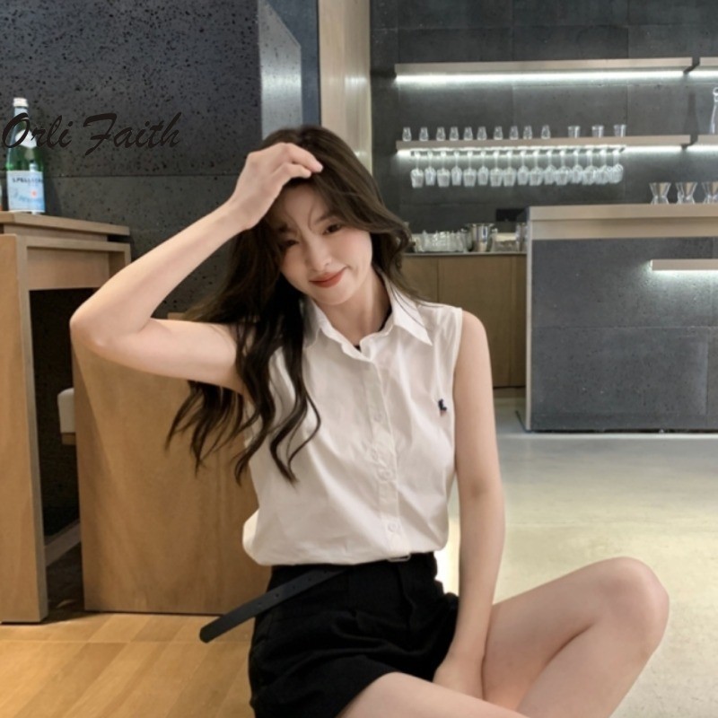 Orlifaith ผู้หญิง 2024 แฟชั่นสีทึบเย็บปักถักร้อยแขนกุด All Match Polo Neck Blouse