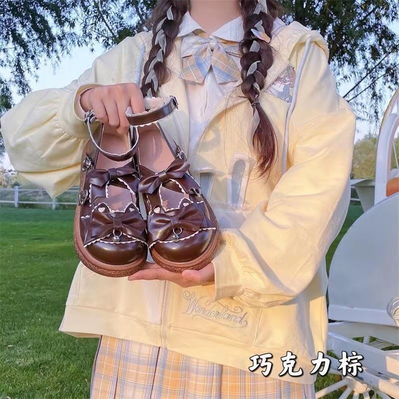 Lolita น่ารักนุ่มสาว Preppy ชุดรองเท้าหนัง Mary Jane Bow Big Toe รองเท้า