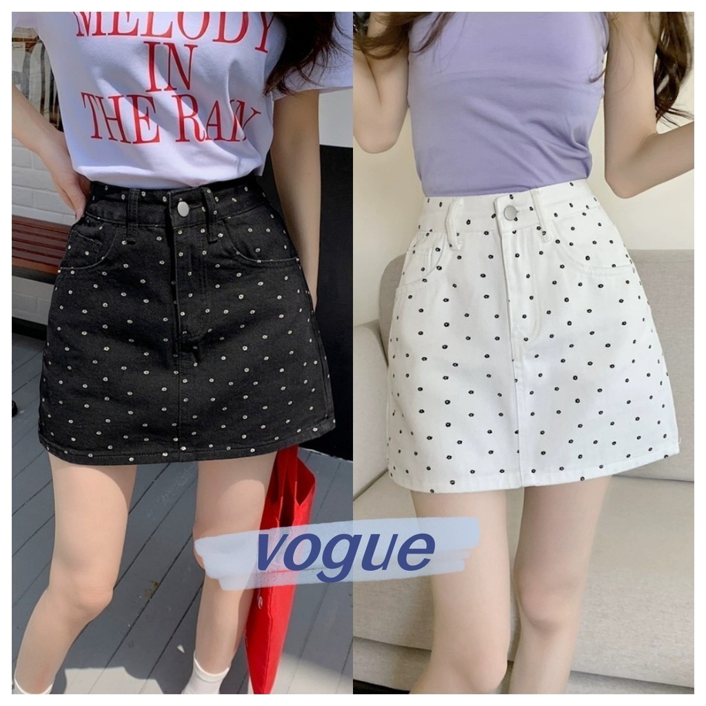 Vogue พร้อมส่ง กระโปรงเอวสูงขาสั้น ดีเทลลายดอกไม้จุดเล็ก สไตล์มินิมอลเกาหลีๆ (2401-NZ)