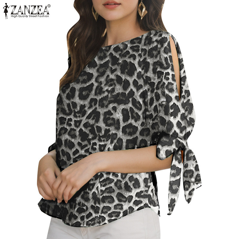 Zanzea ผู้หญิงวินเทจครึ่งแขน O-คอเสือดาวพิมพ์ผูก Cuffs เสื้อ — صورة 7