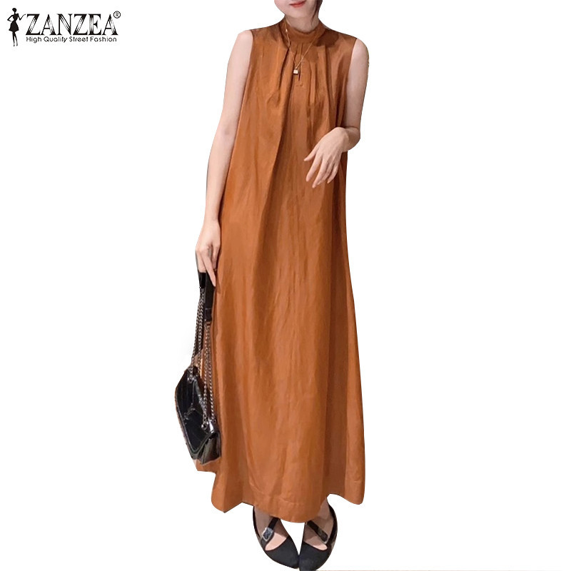 ZANZEA ใส่ ซานเซีย ผู้หญิงแฟชั่นหลวมแข็งแขนกุดยืนปกวันหยุด แมกซี่ ชุด