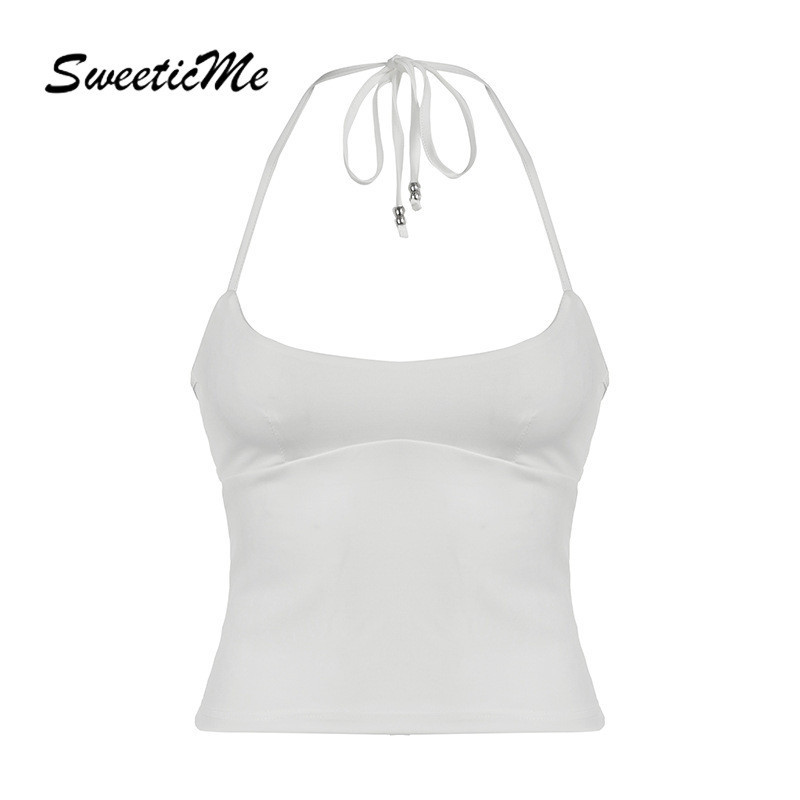 Sweeticme ผู้หญิง 2024 ใหม่แฟชั่นเซ็กซี่ Backless Hollow Slim Fit สีทึบ Halter เสื้อกล้าม Camisole