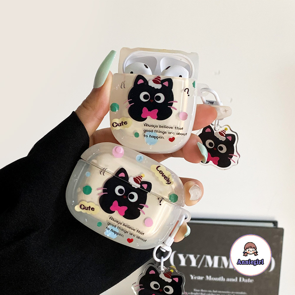 น่ารักแมวดําจี้หูฟังสําหรับ แอร์พอด 1/2 แอร์พอด 3 มือโปร 2ป้องกันการสูญหายนุ่ม ทีพียู บลูทู ธ หูฟังไร้สายชุดหูฟังหนากรอบกันกระแทกฝาครอบป