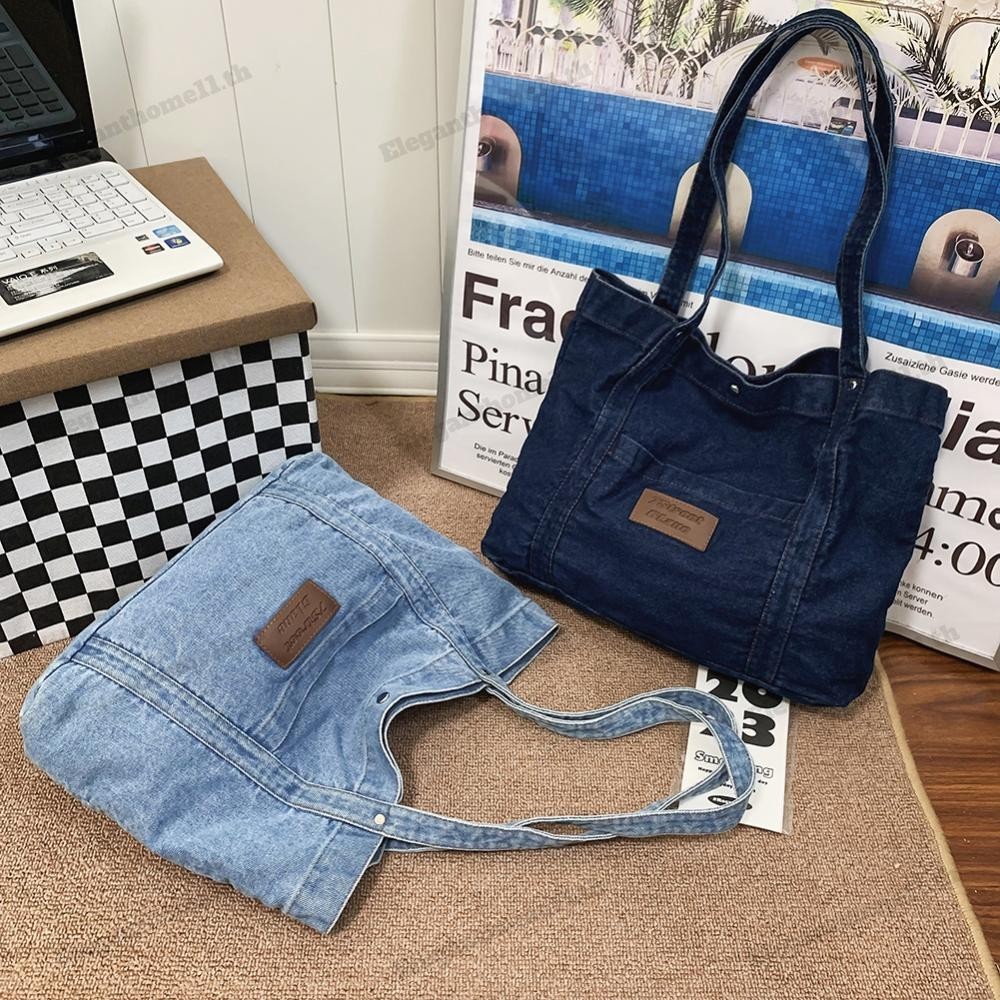 ผู้หญิงกางเกงยีนส์กระเป๋าถือขนาดใหญ่ความจุ Denim Retro Tote กระเป๋าหญิงทุกวัน Commute กระเป๋า
