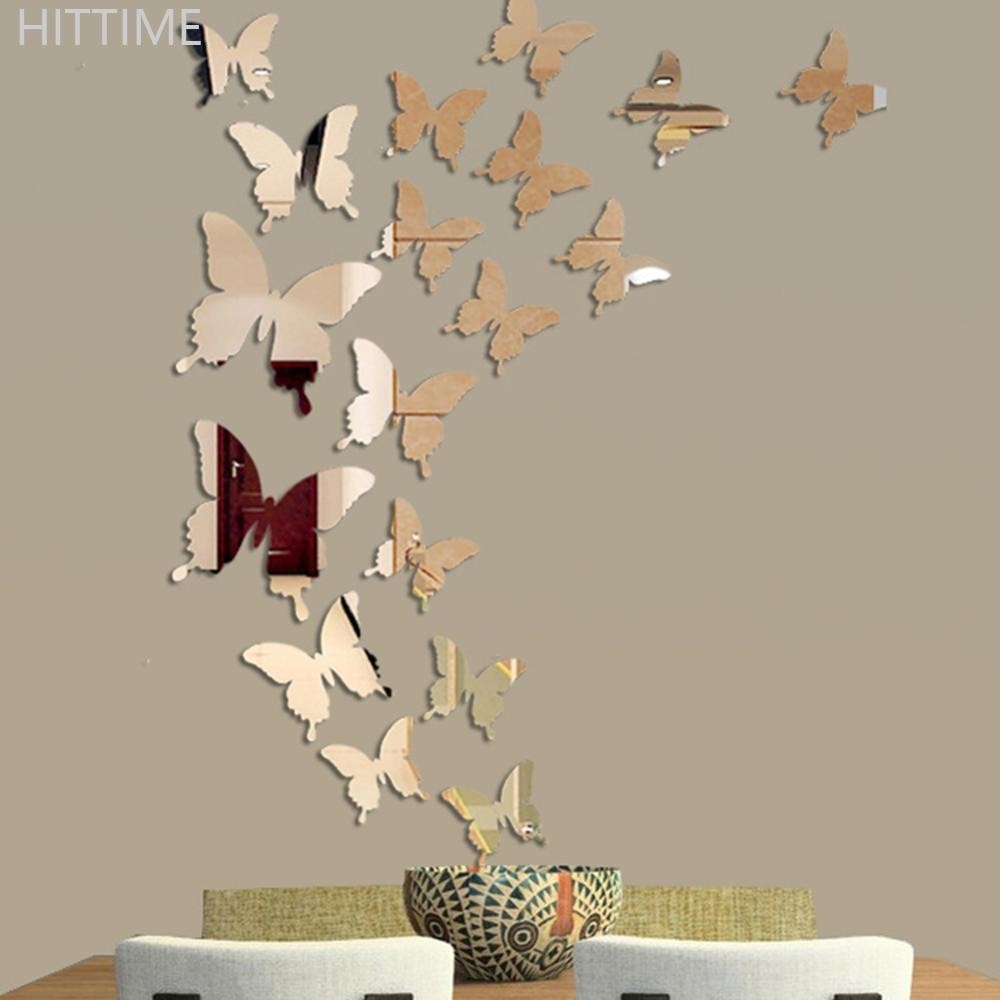 Hittime 12 ชิ้น/ล็อต 3D ผีเสื้อกระจกสติ๊กเกอร์ติดผนัง Decal Wall Art ที่ถอดออกได้งานแต่งงานตกแต่งเด็กสติกเกอร์ F7W4