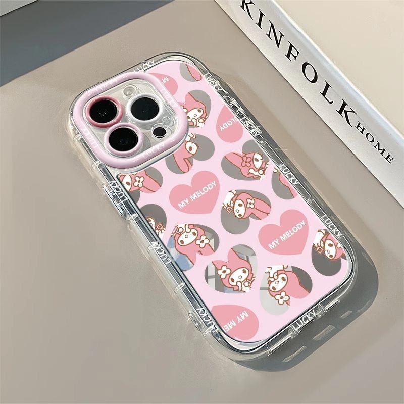 สีชมพูหัวใจรักเมโลดี้น่ารัก สร้อยข้อมือกระจกแต่งหน้า เคสIPhone 16 11 15 13 14 12 Pro Max 14 7 15 8 Plus XR X XS Max SE