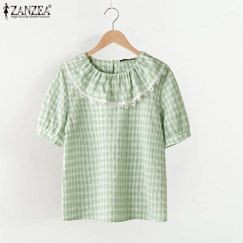 ZANZEA ใส่ ซานเซีย ผู้หญิงเกาหลีลําลองพัฟแขนรอบคอเสื้อลายสก๊อตเสื้อ