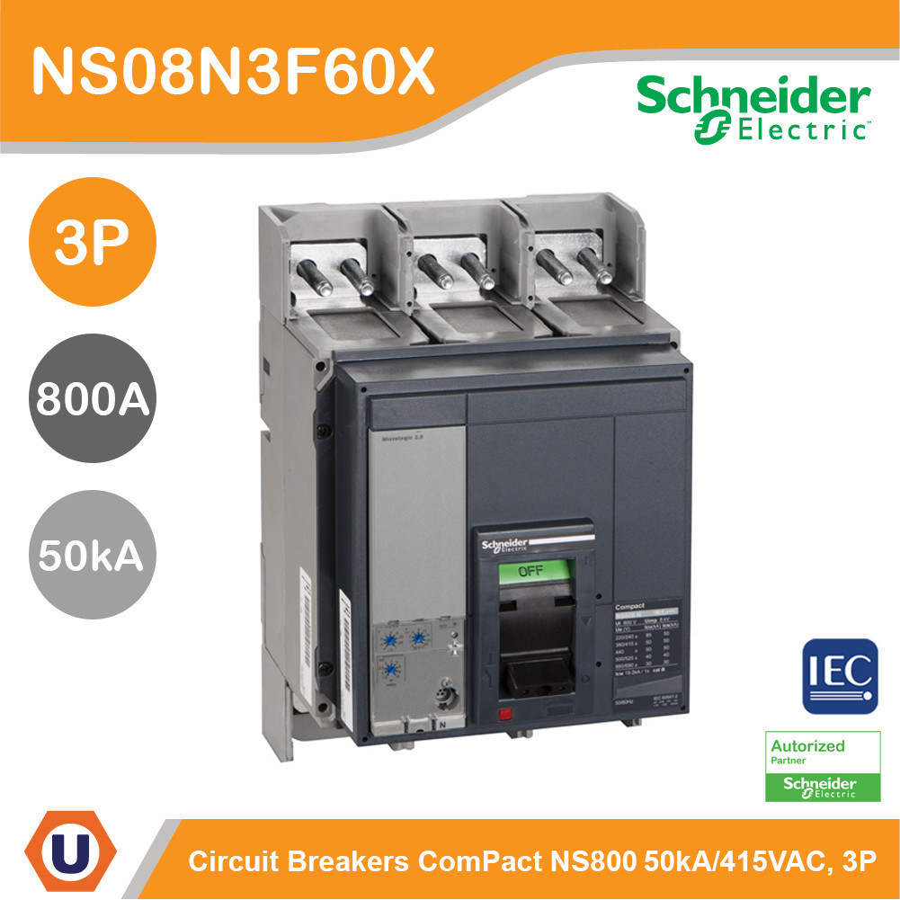 Schneider Electric NS08N3F60X circuit breaker ComPact, 50 kA at 415 VAC, Micrologic 2.0 trip unit, 8