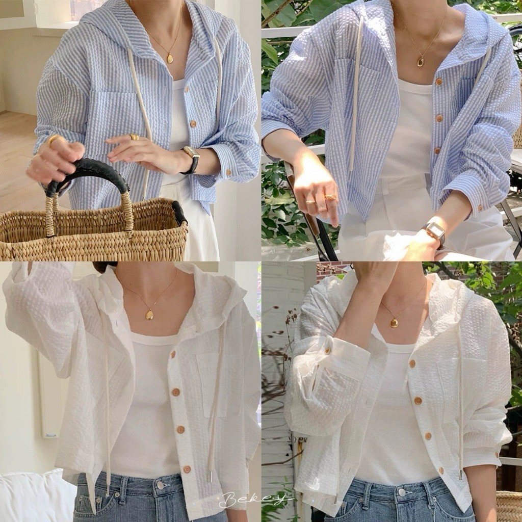 (พร้อมส่งจากกรุงเทพ🇹🇭) เสื้อฮู้ดแขนยาวฤดูร้อนใหม่ของผู้หญิงเสื้อคาร์ดิแกนหลวมลายทางเสื้อกันแดด