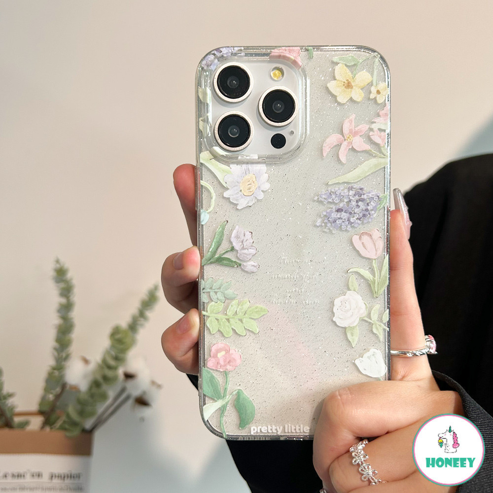 เกาหลีฤดูใบไม้ผลิดอกไม้ประกายglitterสําหรับiphone 15 Pro Max 14 13 12 11 XR XS Max 7Plus 8Plus Blingกันกระแทกโปร่งใสนุ่มTPUปกหลัง