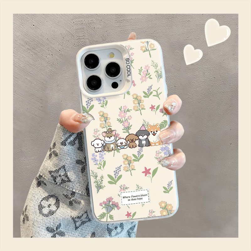 ดอกไม้สุนัขปลอกสำหรับ iPhone 15 14 13 12 11 Pro พลัส MAX x XR XS MAX ชายแดนพิมพ์รวมทุกอย่าง fullcover กันกระแทกกรณี