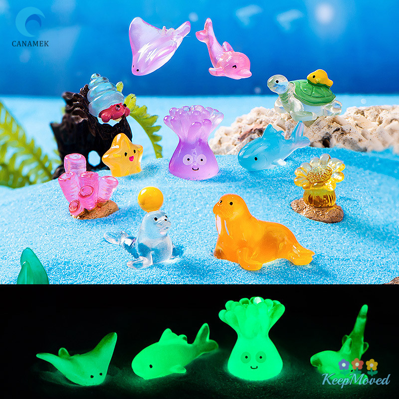 Keepmoving Mini Luminous Marine สัตว์Figurine การ์ตูน Dolphins Sea Lions เต่า Octopuses Corals Micro ภูมิทัศน์เครื่องประดับปลาใหม่