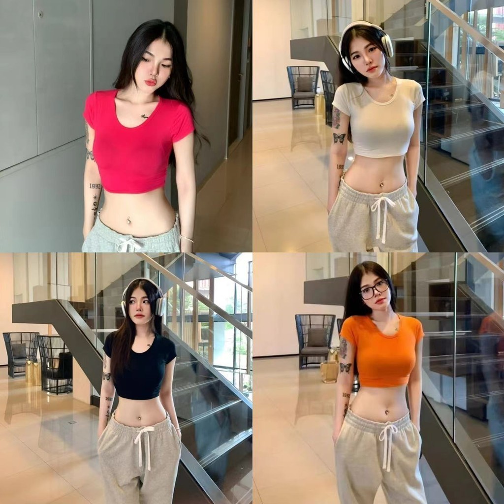 LINDEE เสื้อครอปแขนสั้นผ้าคัตตอน มี12สี ผ้านิ่มมาก เสื้อผ้าเเฟชั่น258