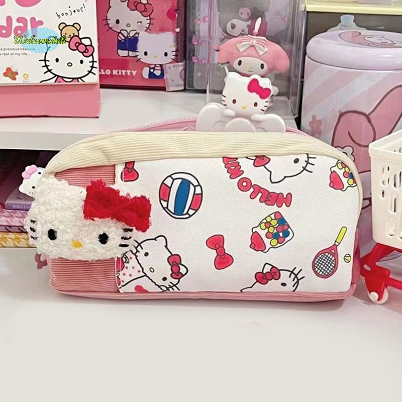 SANRIO [ยินดีต้อนรับ] การ์ตูน ซานริโอ อะนิเมะปากกากรณีน่ารัก สวัสดี คิตตี้ พิมพ์เครื่องเขียนถุงเก็บความจุขนาดใหญ่กรณีดินสอนักเรียนของขวัญวันเกิดใ